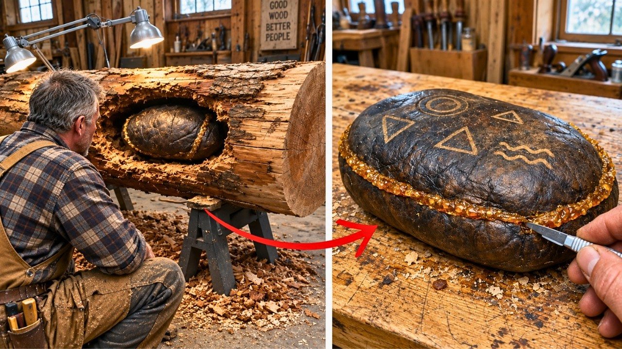 Holzbildhauer findet Lederbeutel in einem Baumstamm versteckt, öffnet ihn und bricht in Tränen aus